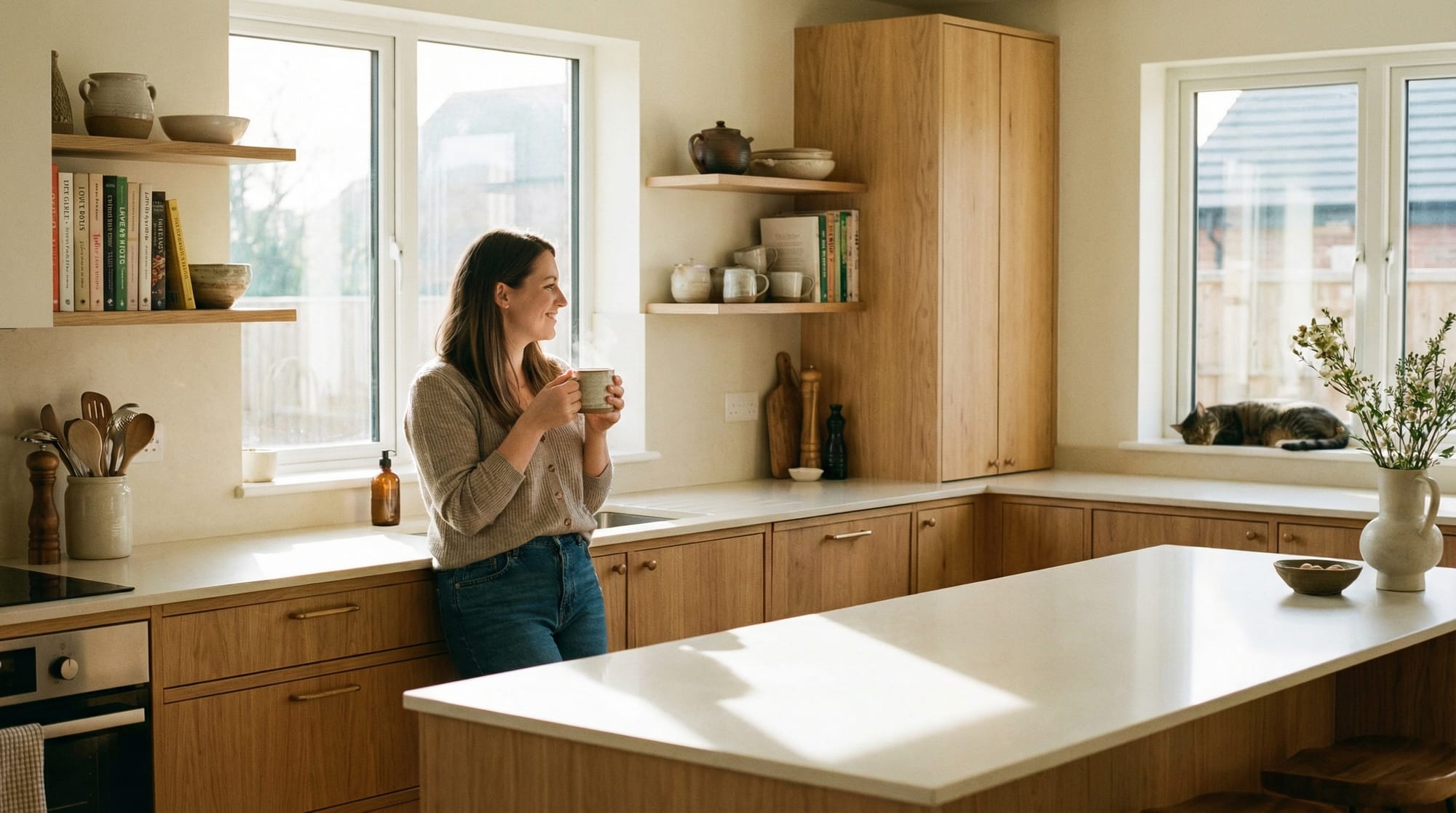 A woman standing in a beautifully organized, sunlit kitchen looking out the window with peace